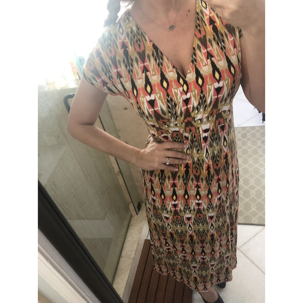 J.Jill XS Maxi Dress Orange Brown Aztec Print Sleeveless V-Neck Rayon Blend